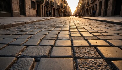 Sticker - Cobblestone Street in the City at Sunset.