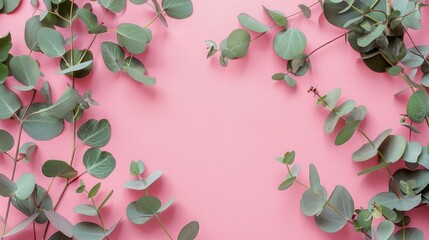 Poster - Pink background with eucalyptus leaves and branch frame Top view with space for text