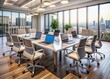 © Man888 - A modern conference table holds multiple laptops, surrounded by chairs, conveying a sense of teamwork, collaboration, and innovative work environments in a sleek, minimalist setting.