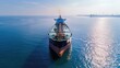 © MAGNIFIER - Oil tanker cruising through a vast ocean, top view, clear blue waters, bright sunlight, distant shipping port, minimalistic composition