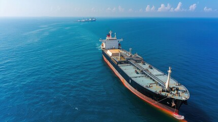 Oil tanker in deep blue ocean, top view, expansive sea, clear weather, minimalistic design, shipping port in the distance