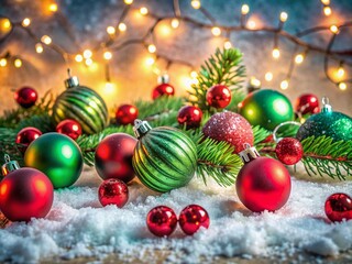 Wall Mural - Vibrant red and green ornaments, garlands, and festive lights adorn a snowy Christmas backdrop, exuding joy and cheer for a magical holiday season celebration.