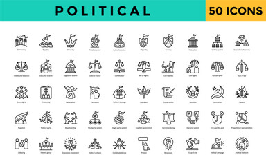 Political icon set with democracy, republic, monarchy, totalitarianism, authoritarianism, oligarchy, anarchy, federalism, unitary system, separation of powers icon. Simple line vector 
