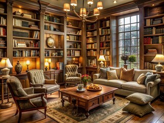 Warmly lit, rustic chic living room features floor-to-ceiling bookshelves, vintage accessories, plush armchairs, and distressed wood accents, evoking a sense of comfort and nostalgia.