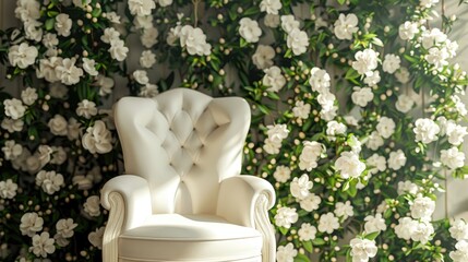 Poster - White chair against flower backdrop