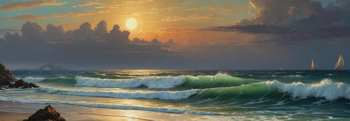 Wall Mural - Sunset Over the Ocean Waves.