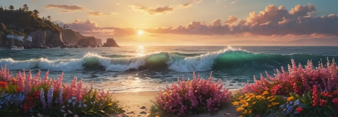 Canvas Print - Sunset on the Ocean Coast with Flowers.