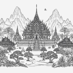 Canvas Print - line art of a buddhist temple