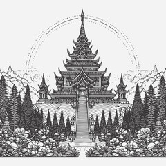 Canvas Print - line art of a buddhist temple