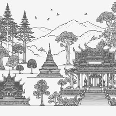 Canvas Print - line art of a buddhist temple