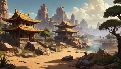 Wall Mural - Golden Temple in a Mountainous Landscape.