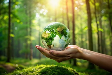 A delicate green earth ball is cradled in an invisible hand, set against a lush forest background, symbolizing environmental stewardship and sustainable governance.