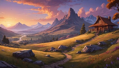 Wall Mural - Cabin in the Mountains at Sunset.