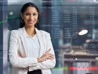 Poster - Overlay, stock market and woman with smile, arms crossed and portrait for accounting and numbers. Finance, data and happy with confidence of growth of business, auditor and corporate for economy