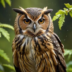 Sticker - Close-up of a Brown Hawk Owl with Bright Yellow Eyes.