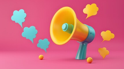 3d megaphone speaker or loudspeaker for announce. Comment reply is false, correct, problem, fail notice and announcement with 3d speech bubbles. Speakerphone notice 3d icon vector render illustration.