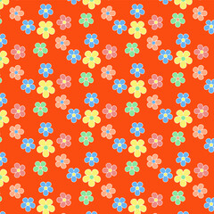 Wall Mural - Seamless pattern with flowers.Colorful flowers repeat pattern isolated on orange red background.Graphic vector illustration.