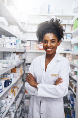 Sticker - Pharmacy, smile and portrait of woman at shelf for medical advice, stock inventory and confidence. Prescription medicine, support and pharmacist with arms crossed, healthcare and pharmaceutical drugs