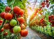 © Man888 - Vibrant cluster of ripe red tomatoes ripens on the vine in a lush greenhouse, showcasing organic farming practices and nature's bounty.