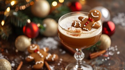 Drunken Gingerbread cookie man in a Christmas cocktail