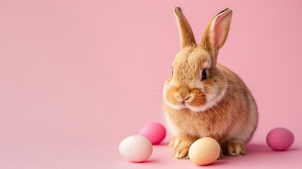 Wall Mural - Easter brown rabbit on pink background