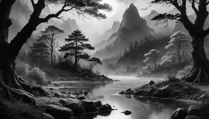 Canvas Print - Misty Mountain Lake.