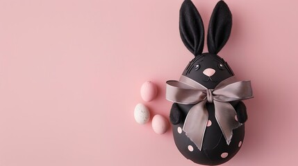 Wall Mural - Easter bunny gift egg wrapped in black craft paper on pink background