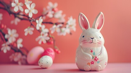 Wall Mural - Easter bunny holiday ornament object on a pink background