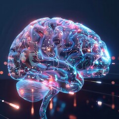 Wall Mural - 3d rendering of a translucent human brain interconnected with glowing circuitry and data streams symbolizing the fusion of human intelligence and artificial intelligence