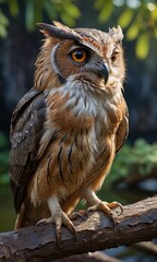 Sticker - Brown Owl Perched on Branch.