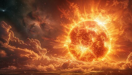 Wall Mural - A giant sun, centered in frame, with intense heat radiating from its surface.