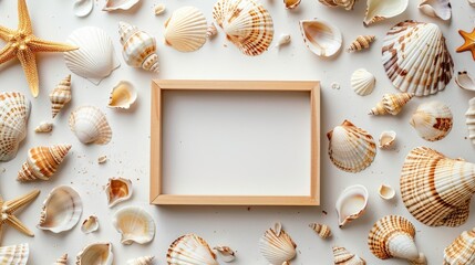 Canvas Print - Shells on white background surrounding a photo frame