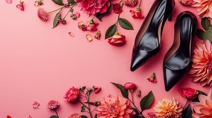 Wall Mural - elegant floral composition in black lady high heel shoes on pink background