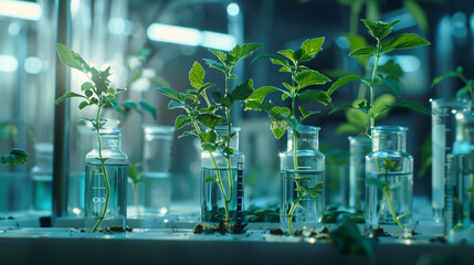 Science, environment, and biotechnology concept focused on growing and studying plants in a laboratory setting. This includes experiments related to plant biology, genetics, and agricultural research.