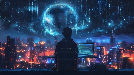 Internet network security concept with young man in the night.