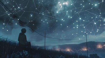 Internet network security concept with young man in the night.