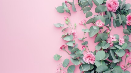 Poster - Arrangement of pink flowers and eucalyptus on pink background Flat lay with copy space