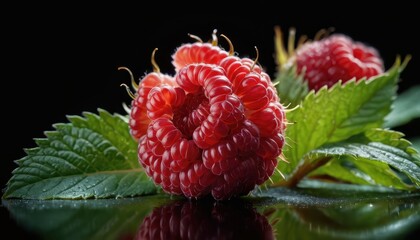 Canvas Print - Close-up of Red Raspberries with Green Leaves.