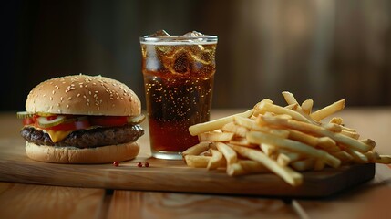 Wall Mural - fresh cheeseburger with glass of cola and pile of french fries on wooden table