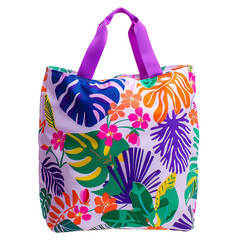 Vibrant tropical tote bag adorned with colorful floral and leaf patterns, perfect for summer outings, beach trips, or everyday errands. isolated on white background, transparent background