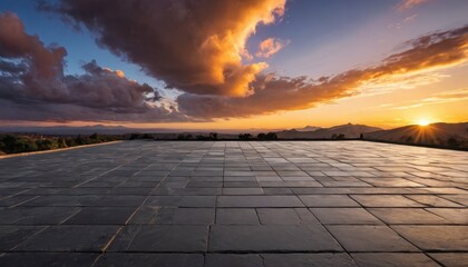 Poster - Sunset Over Mountains with Stone Patio.