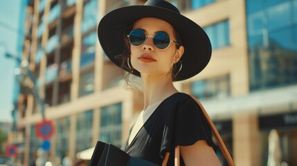 Wall Mural - Beautiful girl in black dress and black hat carrying shopping bags