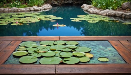 Canvas Print - Water Lily Pond with Wooden Deck.