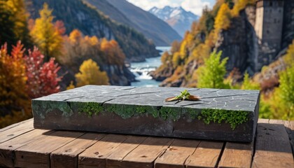 Wall Mural - Stone Tabletop With Mountain And Forest Background.