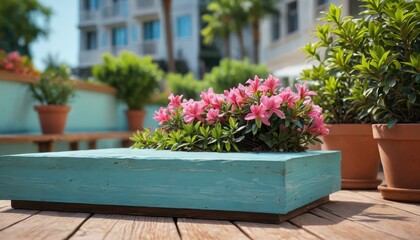 Poster - Pink Flowers in a Blue Planter on a Wooden Deck.