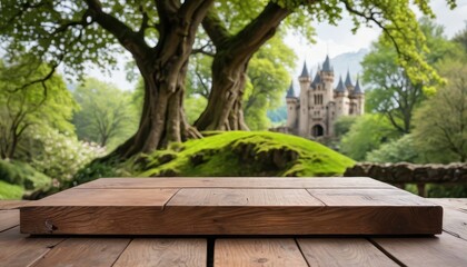 Wall Mural - Wooden Tabletop with Blurred Castle in Background.