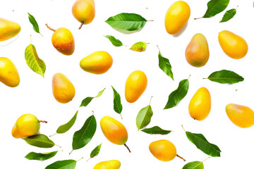 Mango with half slices falling or floating in the air with green leaves isolated on background, Fresh organic fruit with high vitamins and minerals.