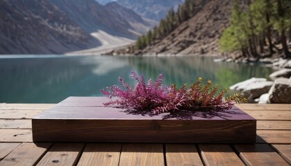 Canvas Print - Wooden Platform With Purple Flowers In Front Of Lake And Mountains.