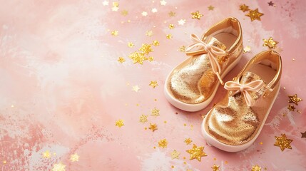 Wall Mural - Golden baby shoes on light pink table background