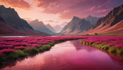 Poster - Pink Sunset River Landscape with Mountains.